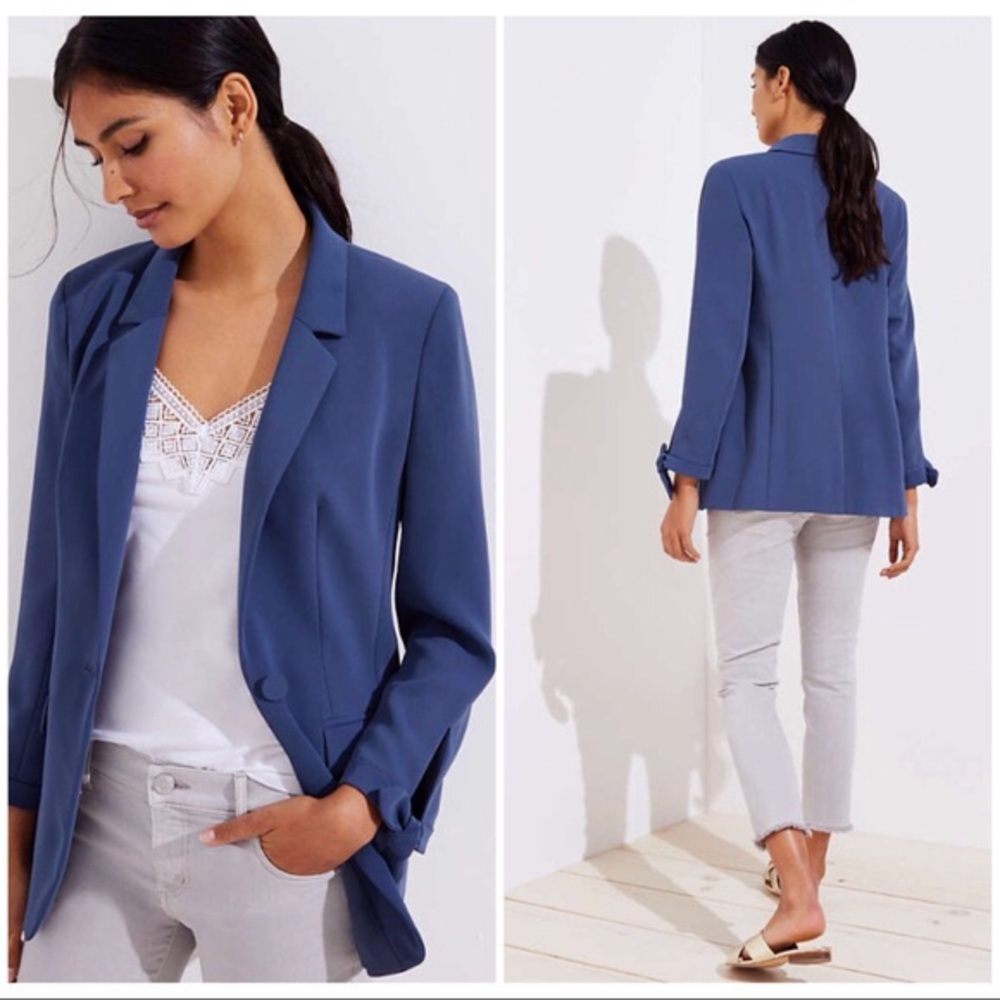 LOFT tie cuff blazer in blue size 14